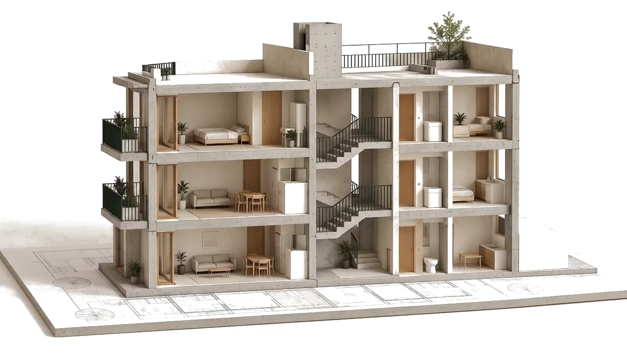 Maqueta conceptual en sección de un edificio de tres niveles, con ambientes, estructura y escalera a la vista.